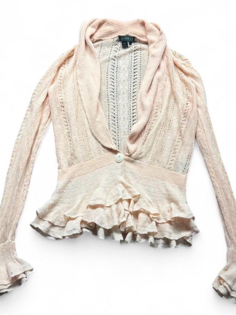 Lauren Ralph Lauren Pale Pink Ruffle-Hem Knit Cardigan